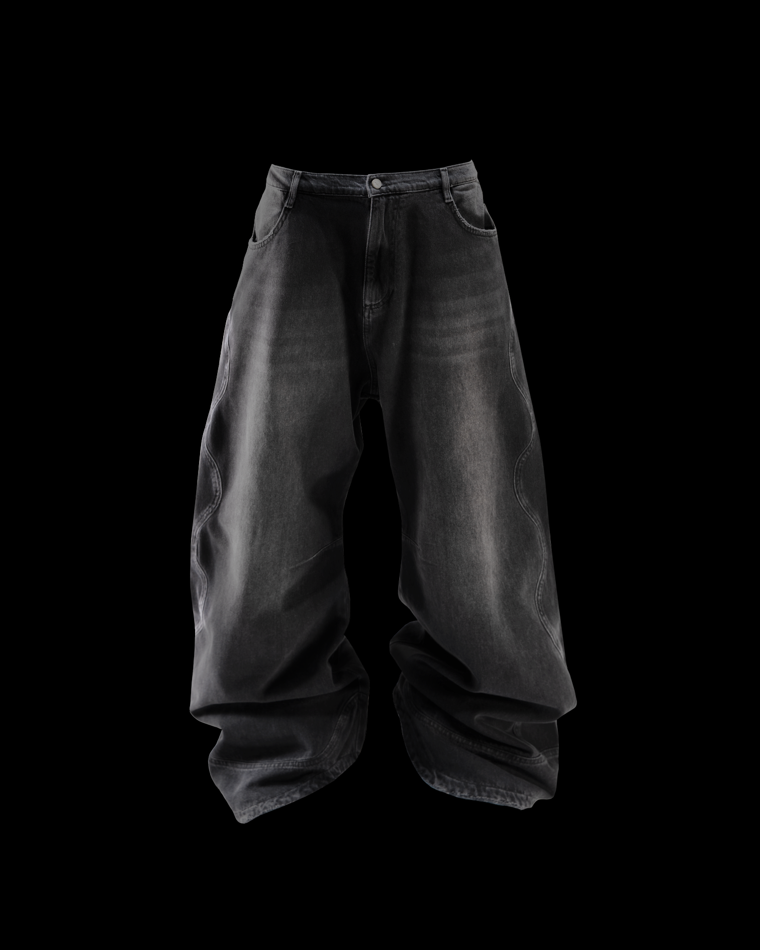 カーゴパンツ HUECLOSET Double pintuck wide denim pants Wavy Jeans - Washed Black – Huni Design